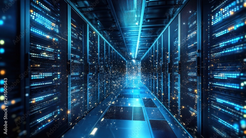 A powerful AI supercomputer processing vast amounts of data in a high-tech data center A powerful AI supercomputer processing vast amounts of data in a high-tech data center