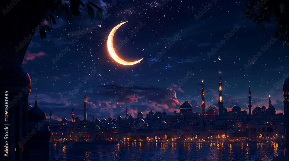 Naklejka premium A tranquil Ramadan night with the crescent moon shining over a peaceful cityscape. 