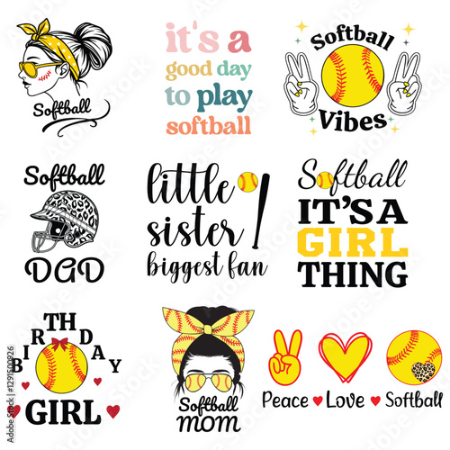 Set of Softball Typography T-shirt Design, softball sports illustration