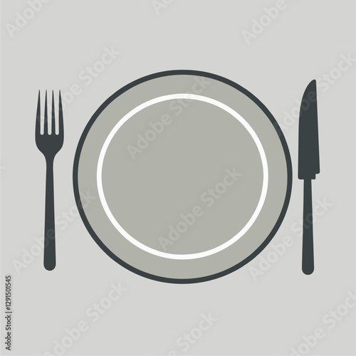 Simple linearSimple lineart illustration of a dining plate with a fork and knife, representing mealtime in a clean stylet illustration o...