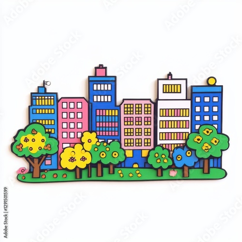 Colorful cartoon style cityscape with cheerful trees and flowers, perfect for children's projects and illustrations