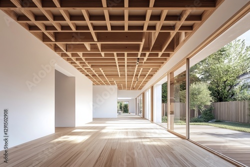 Hyper realistic interior of a spacious minimalist home with open floor plan and natural light