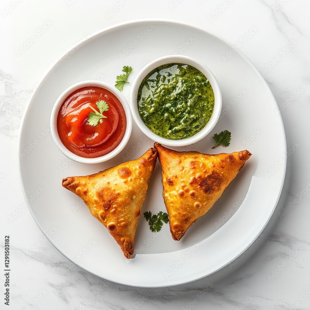 Stock photo of three samosas with chutney and ketchup Stock photo of three samosas with chutney and ketchup