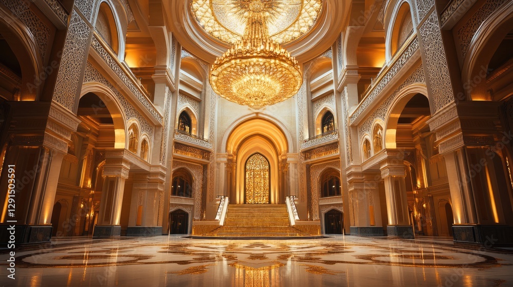 Obraz premium Grand Palace Interior: Golden Architecture, Marble Floors, and Crystal Chandelier