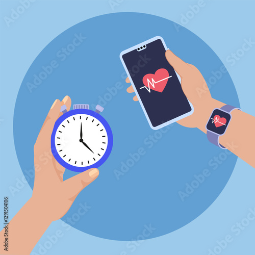 Hands holding stopwatch and smartphone showing heartbeat: fitness app concept