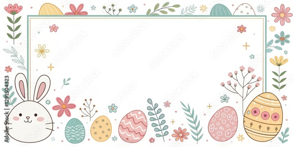Fototapeta premium Easter-themed frame decorated with eggs, bunny, and floral elements, creating a festive spring season design