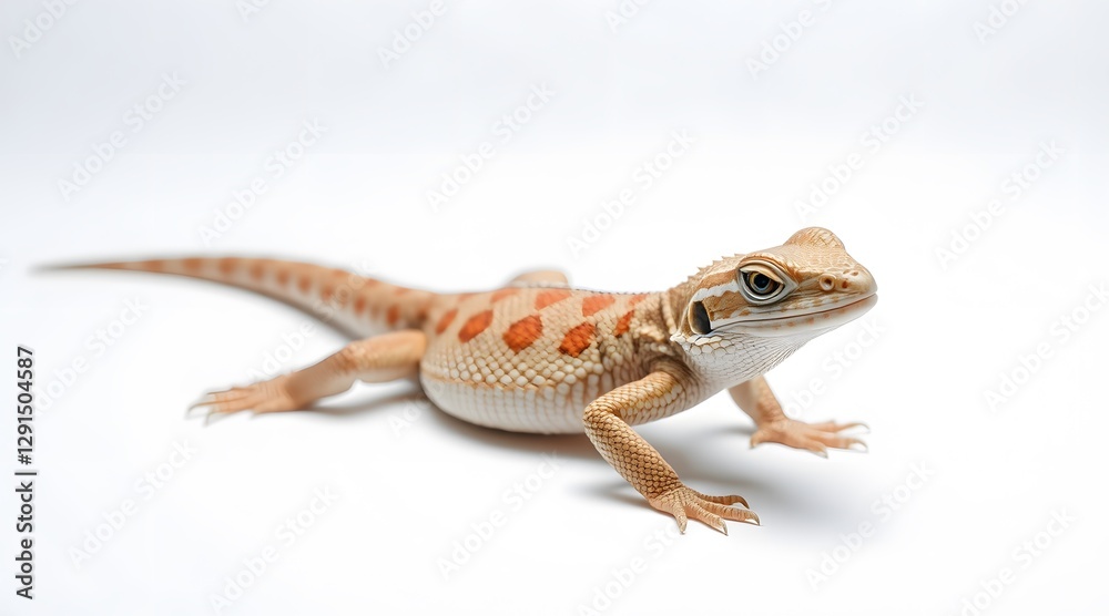 Naklejka premium A stunning close-up of a vibrant orange-spotted lizard, showcasing its unique features and smooth scales, highlighting the beauty of reptiles in a simple, clean environment. 