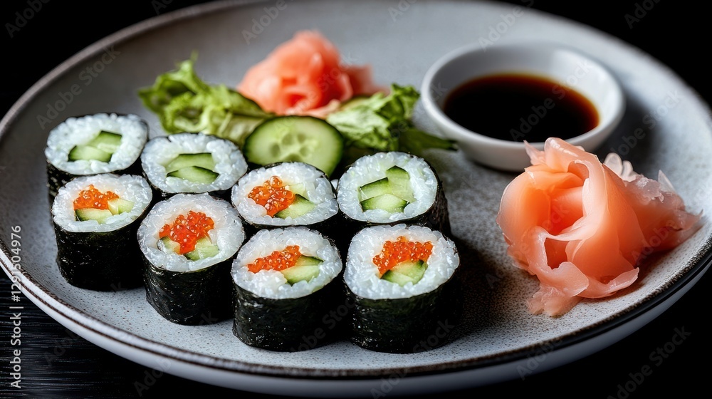 Fresh sushi rolls, ginger, soy sauce, on plate, dark background Fresh sushi rolls, ginger, soy sauce, on plate, dark background