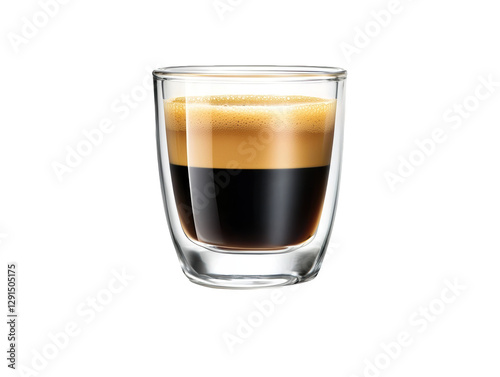A glass of espresso showcasing rich layers of crema and dark coffee.