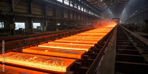 Steel production process takes place in a large industrial facility with glowing molten metal being transported