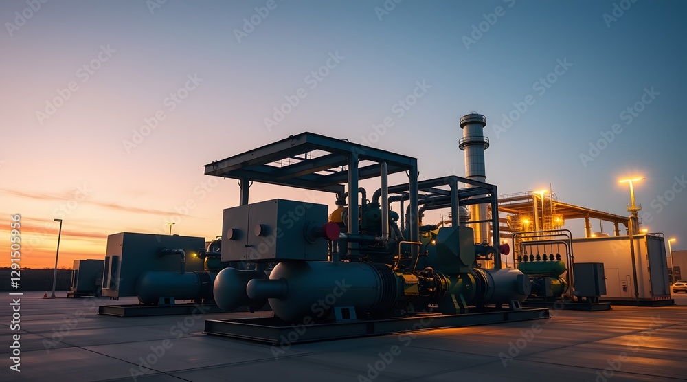 An industrial facility featuring machinery and equipment silhouetted against a stunning sunset, showcasing modern energy production technology in an outdoor environment.  