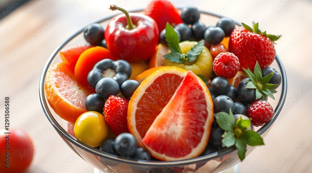 The image features a beautifully arranged bowl of fresh fruits, including berries and citrus, showcasing a colorful and appetizing selection perfect for a healthy snack or dessert. The image features a beautifully arranged bowl of fresh fruits, including berries and citrus, showcasing a colorful and appetizing selection perfect for a healthy snack or dessert.