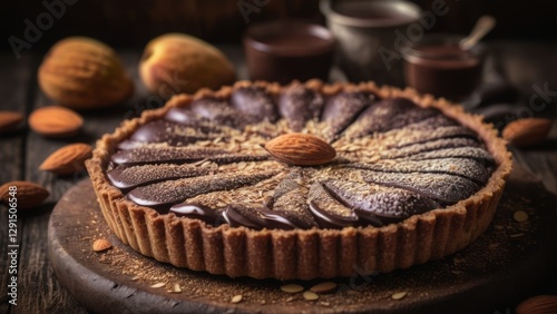 A delicious chocolate tart garnished with a single almond on top, surrounded by whole almonds and cocoa pods. The tart's glossy chocolate filling and crumbly crust make it visually appealing