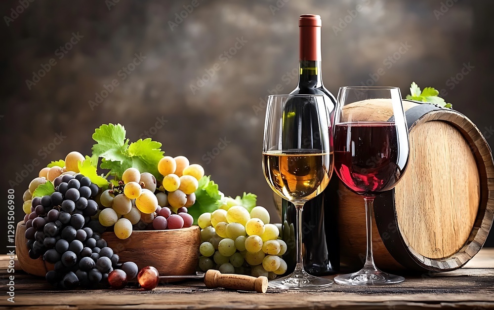 Fototapeta premium Wine grapes, glasses, bottle, and barrel on wooden table. Still life presentation for dining