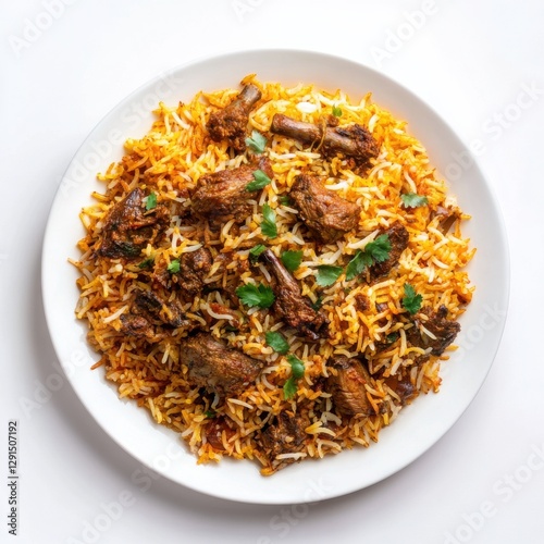 Aesthetic Studio Shot of Mutton Biryani on White Plate