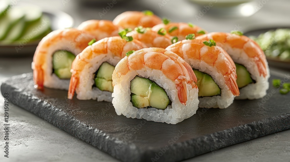 Freshly made shrimp avocado sushi rolls on a slate plate with other sushi ingredients in the background. Possible use Food photography Freshly made shrimp avocado sushi rolls on a slate plate with other sushi ingredients in the background. Possible use Food photography