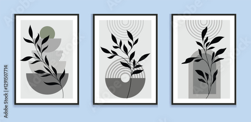 Abstract botanical wall art prints sun moon poster. Contemporary minimalist backgrounds modern boho style. Mid century wall decor, art print. Illustration