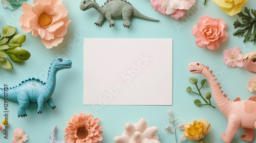 Colorful dinosaur toys and blooming flowers scattered around white card, creating whimsical composition on teal surface with open writing space