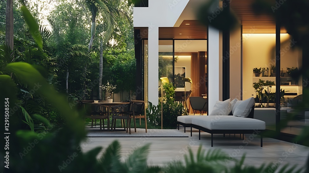 Obraz premium Modern patio with lush greenery, interior view
