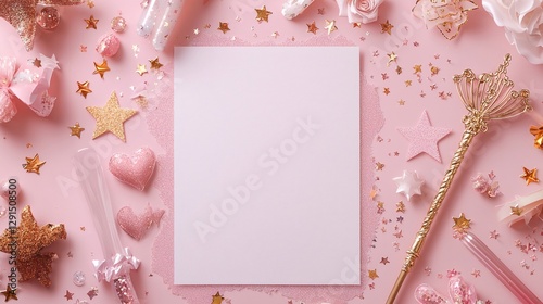 Pink celebration background with blank paper, golden magic wand, stars confetti, bows, hearts and bottles with glitters, creating a magical atmosphere