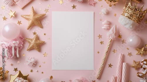 Festive arrangement of pink and gold party supplies creating a celebratory border around a blank white paper on a pink backdrop