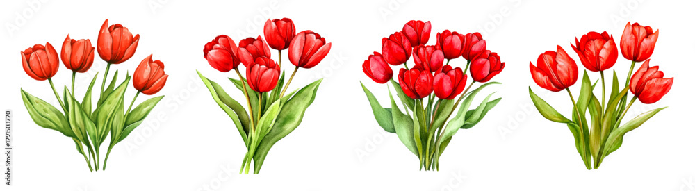 Watercolor set of bouquets of red tulips png. Red tulip flowers with green stem and leaves. Watercolor spring flowers concept. Elements for March 8, Mother's Day and other spring designs.
