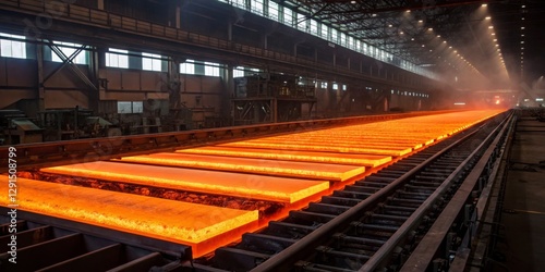Steel production process in a manufacturing facility with glowing molten metal on conveyor rails