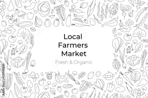 Hand-drawn doodle style vector illustration of fresh farm vegetables and fruits forming a frame
