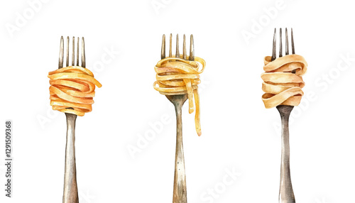 Watercolor set of forks with wrapped spaghetti. Silver forks with spaghetti, noodles, etc. Dinner concept. Italian cuisine. Elements for menu, dinner and other food designs. Vector illustration.