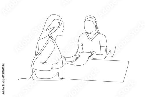 Checking in with clinic reception concept one-line drawing
