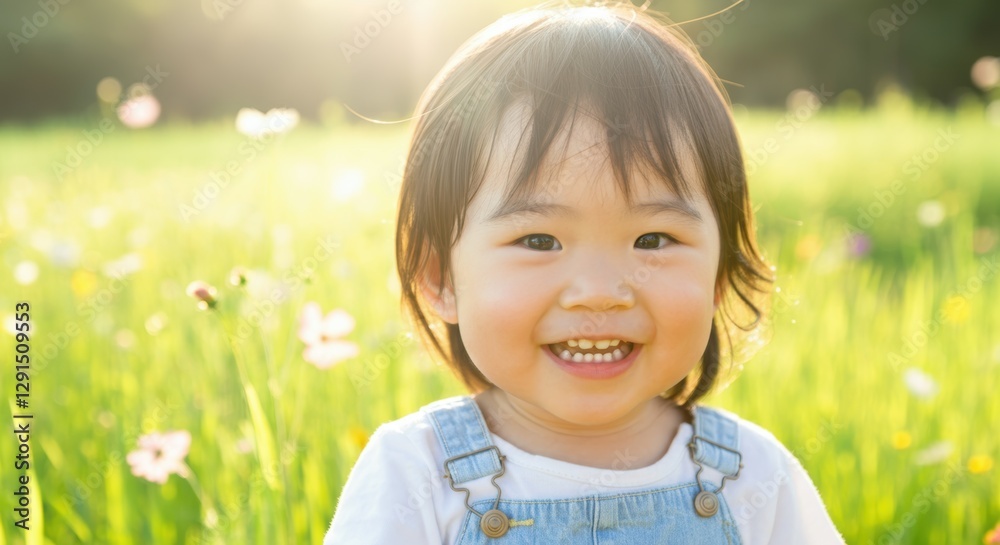 Smiling asian child in sunlit meadow with green grass and flowers Smiling asian child in sunlit meadow with green grass and flowers