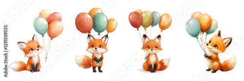 Watercolor set of cute foxes with balloons. Little foxes holding colorful balloons. Children's birthday elements. Concept of cute forest characters. Vector illustration.