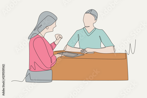 Colored Checking in with clinic reception concept one-line drawing