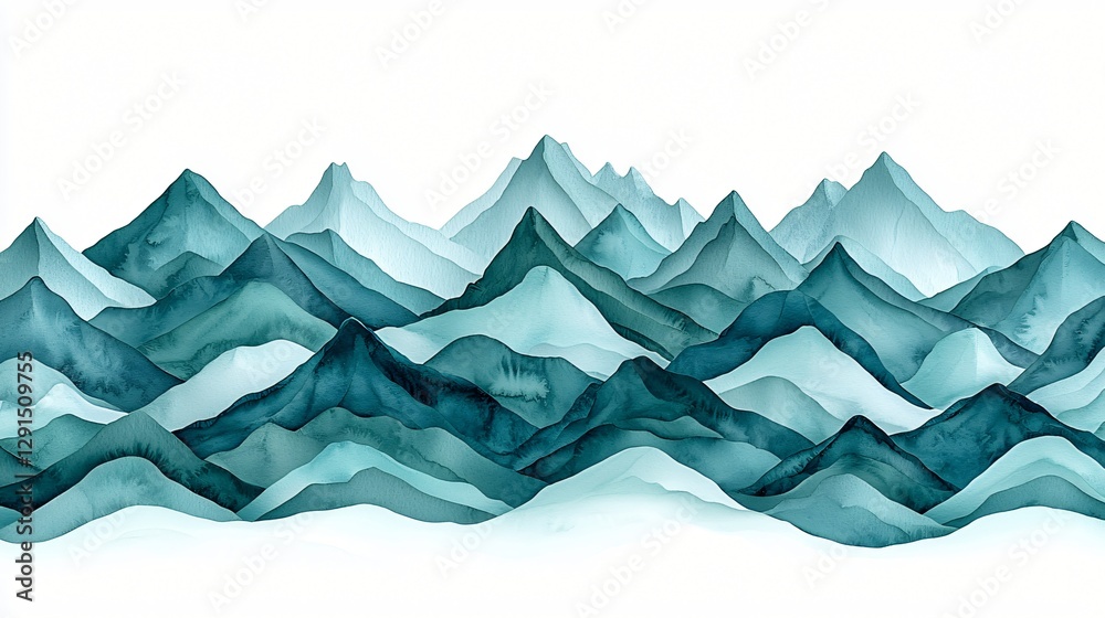 Obraz premium Teal mountain range watercolor, scenic landscape, nature art, home decor