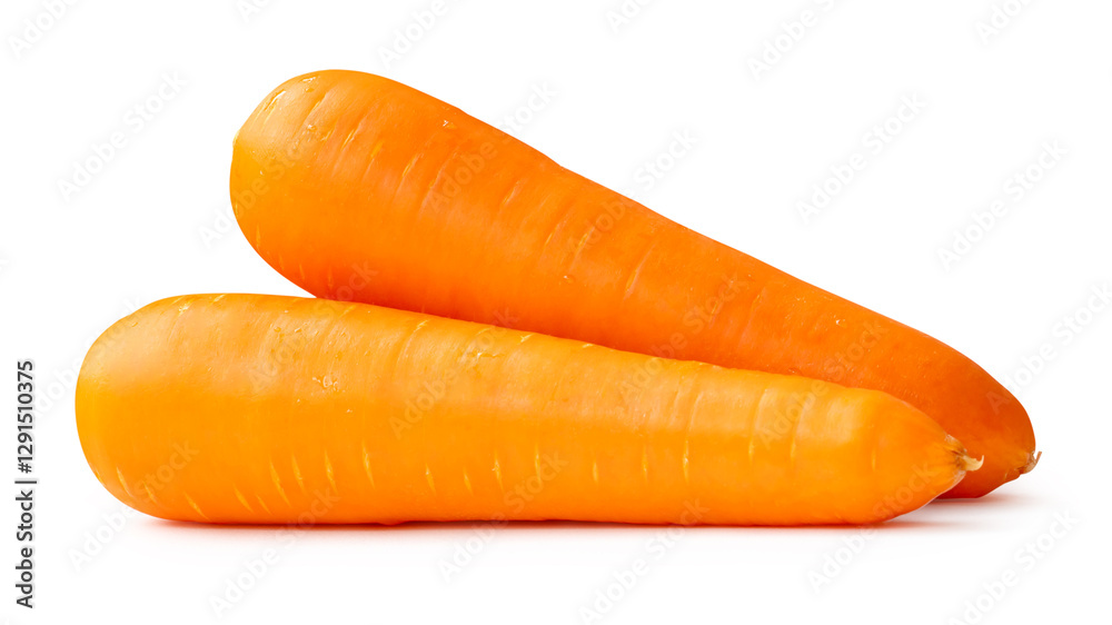 Side view of two fresh orange carrot roots in stack isolated on white background with clipping path Side view of two fresh orange carrot roots in stack isolated on white background with clipping path