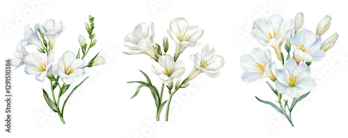 Watercolor set of white freesia flowers png. White freesia with green leaves and stem and white buds. Floral flower concept. Elements for wedding designs, invitations, etc. Spring flowers watercolor.