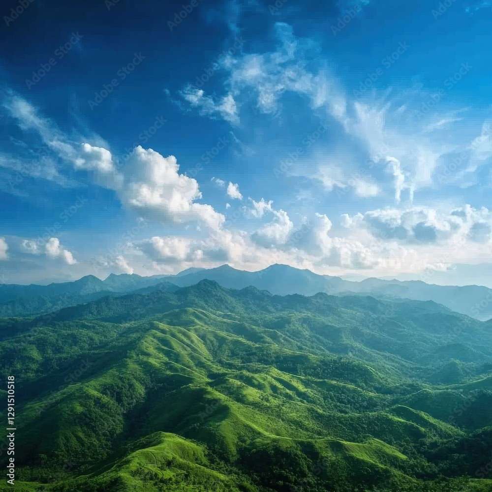 Lush Green Mountain Range Under a Vibrant Blue Sky Lush Green Mountain Range Under a Vibrant Blue Sky
