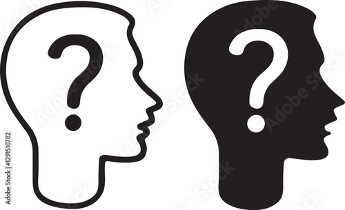 Question mark with head vector icon. Thinking face icon in flat filled and outline stroke line art.