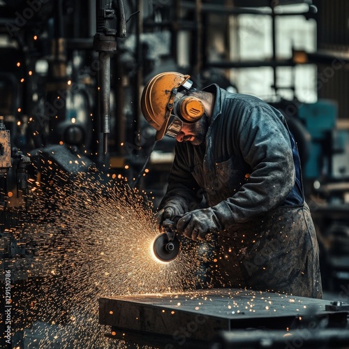 Male Industrial Worker Grinding Metal, Sparks Flying in Dark Factory