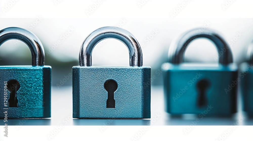 Three padlocks security, office desk, blurred background, data protection Three padlocks security, office desk, blurred background, data protection