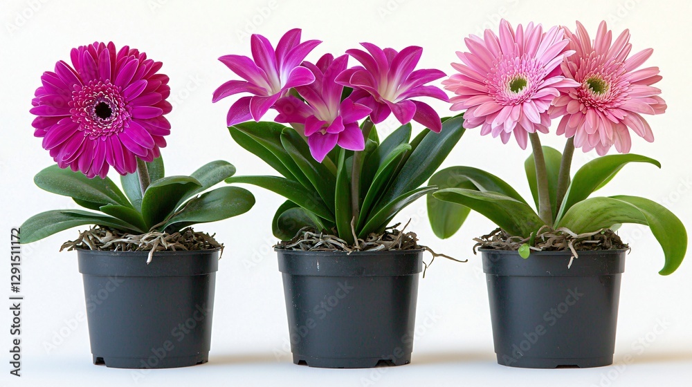 Fototapeta premium Three potted flowering plants, white background, gardening, home decor