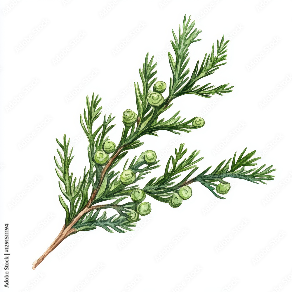 Fototapeta premium cypress branch with tiny green cones, showcasing vibrant green foliage and intricate details. This botanical illustration captures essence of nature beauty