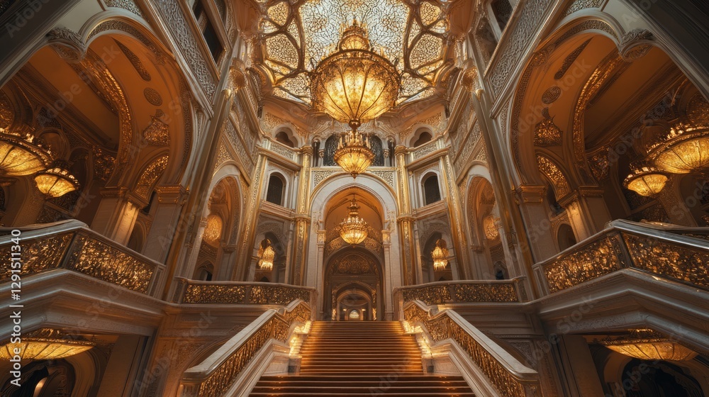 Fototapeta premium Grand Staircase in opulent palace; intricate gold detailing, crystal chandeliers, and arched hallways.