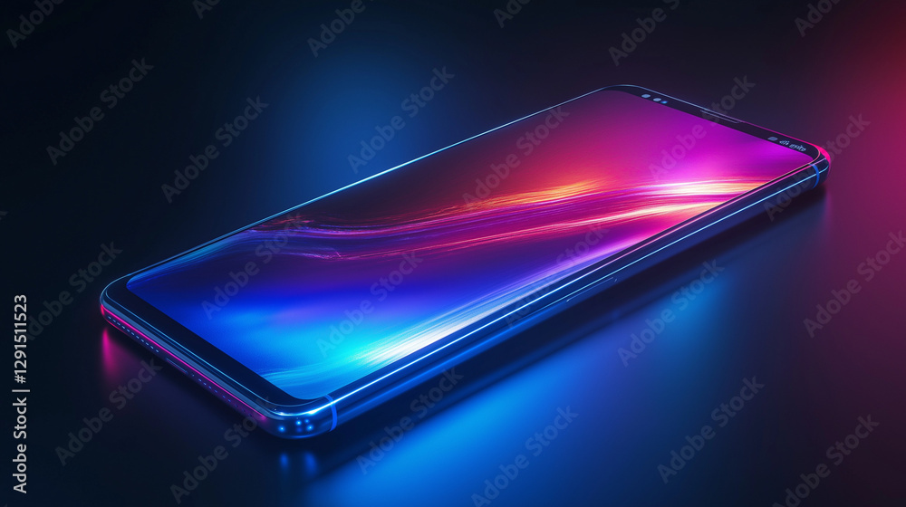 smartphone floating in a minimalist metallic environment, neon lights reflecting off its curved screen, holographic interface smartphone floating in a minimalist metallic environment, neon lights reflecting off its curved screen, holographic interface