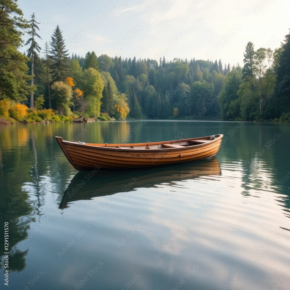 A small wooden boat on a tranquil lake with surrounding trees, peaceful, boat, stillness A small wooden boat on a tranquil lake with surrounding trees, peaceful, boat, stillness