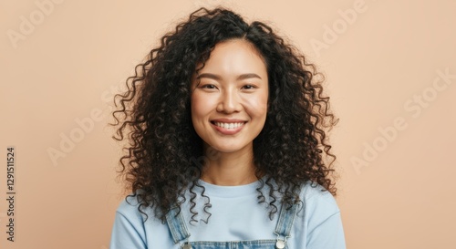 Smiling young asian female with curly hair in blue outfit on beige background