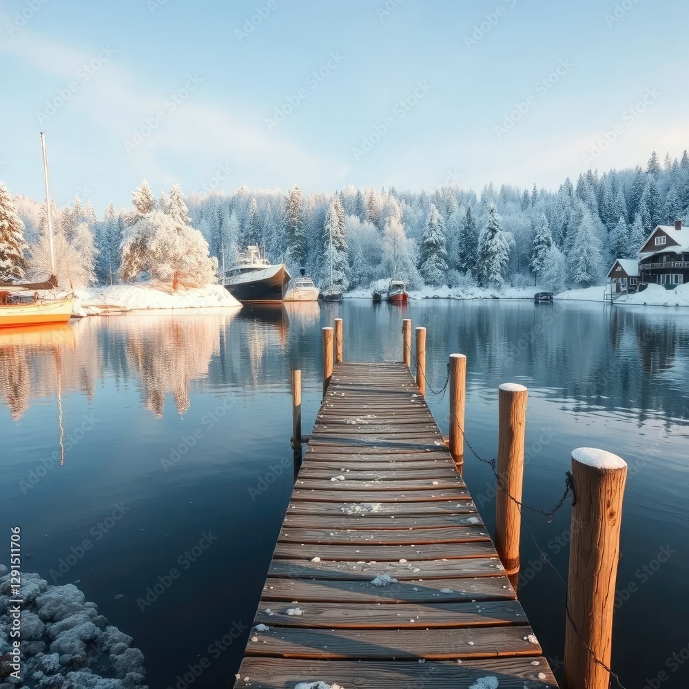 A small wooden dock in a quiet harbor with snow-covered trees, snow, trees, frosty A small wooden dock in a quiet harbor with snow-covered trees, snow, trees, frosty