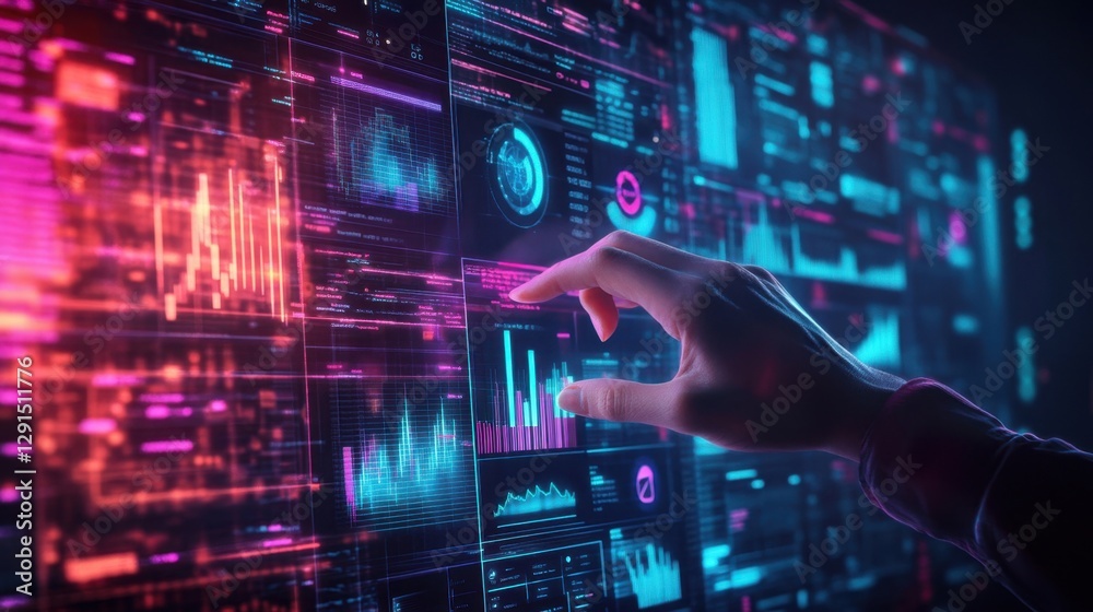 Futuristic digital marketing concept, holographic graphs and analytics, modern business strategy, glowing UI elements, corporate environment,
