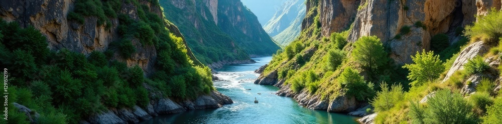 Canyon walls rise high above the winding watercourse, landscape, rock, green Canyon walls rise high above the winding watercourse, landscape, rock, green
