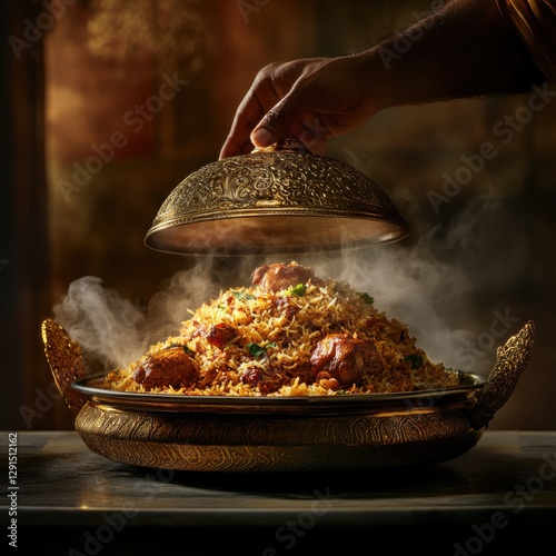 Detailed cinematic photo of luxurious biryani plate unveiling